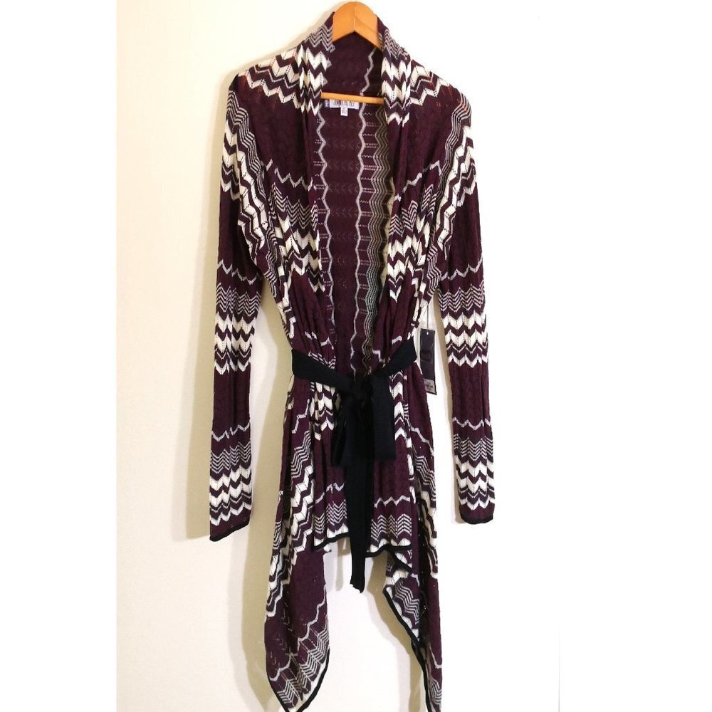 Jennifer Lopez 100%‎ Cotton Zig Zag Drape Tie Cardigan Burgundy Size XL